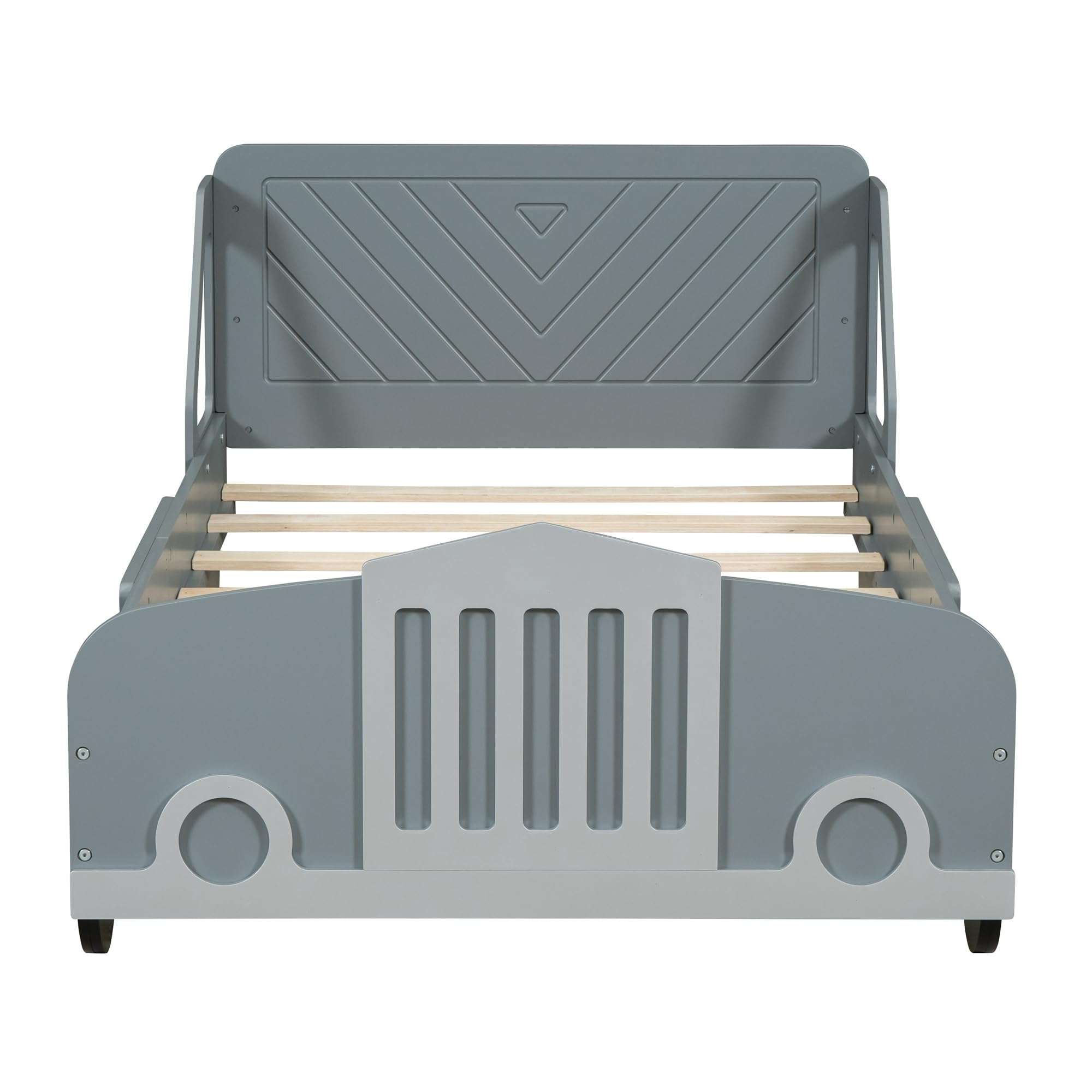 Lit en forme de voiture taille simple Harper & Bright Designs avec roues, lit simple pour enfants avec tête de lit et pied de lit, cadre de lit plateforme en bois taille simple, lit Flash McQueen pour enfants garçons filles (gris)