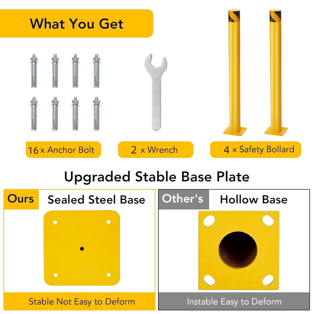Safety Bollard 4 Packs, 42 Inch Height Steel Bollard Post for Parking Lot, 4.5 Inch Diameter Pipe, Yellow Safety Bollard Post with 16 Anchor Bolts, Ideal for Traffic-Sensitive Areas, Driveway Barrier