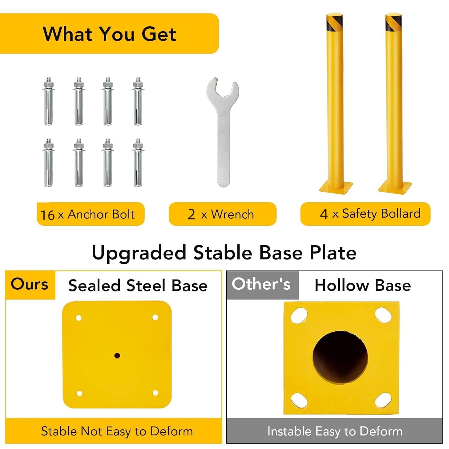 Safety Bollard 4 Packs, 42 Inch Height Steel Bollard Post for Parking Lot, 4.5 Inch Diameter Pipe, Yellow Safety Bollard Post with 16 Anchor Bolts, Ideal for Traffic-Sensitive Areas, Driveway Barrier