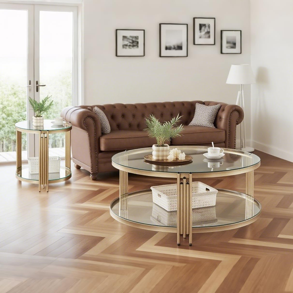 Gold Glass Coffee Table for Living Room, 36" Round Glass Coffee Table with Metal Frame, 2 Tier Circle Coffee Table for Home, Office, Apartment