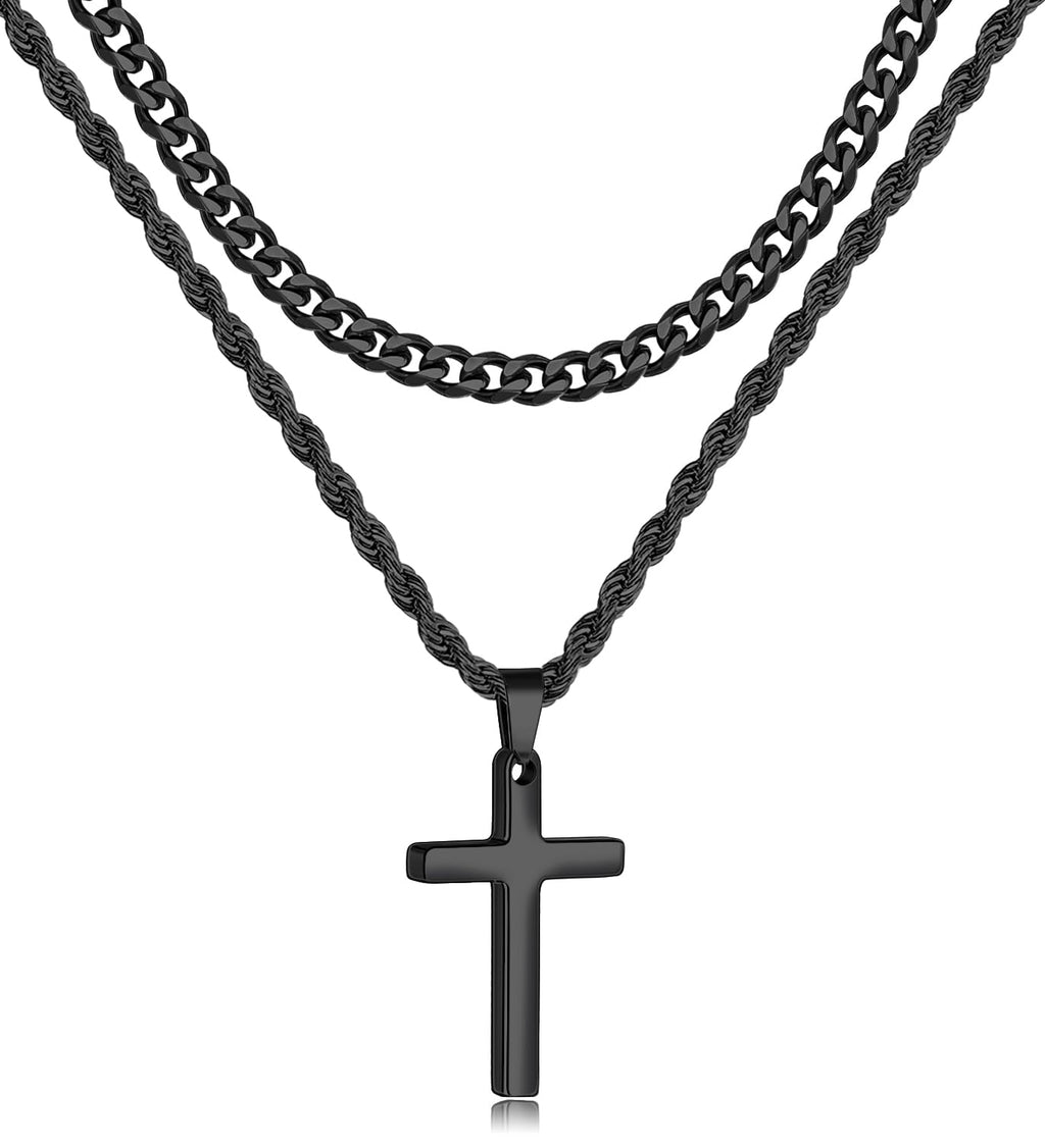 Fiusem 2 Pcs Cross Necklace Chain for Men and Women, Layered Mens Cross Necklaces Stainless Steel Pendant Cuban Link Rope Chain 16-26 Inch
