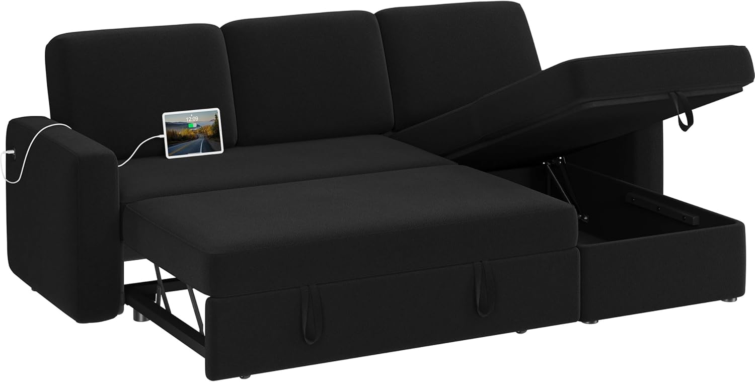 Yaheetech Sectional Sofa L-Shaped Sofa Couch Bed w/Chaise & USB, Reversible Couch Sleeper w/Pull Out Bed & Storage Space Living Room Black