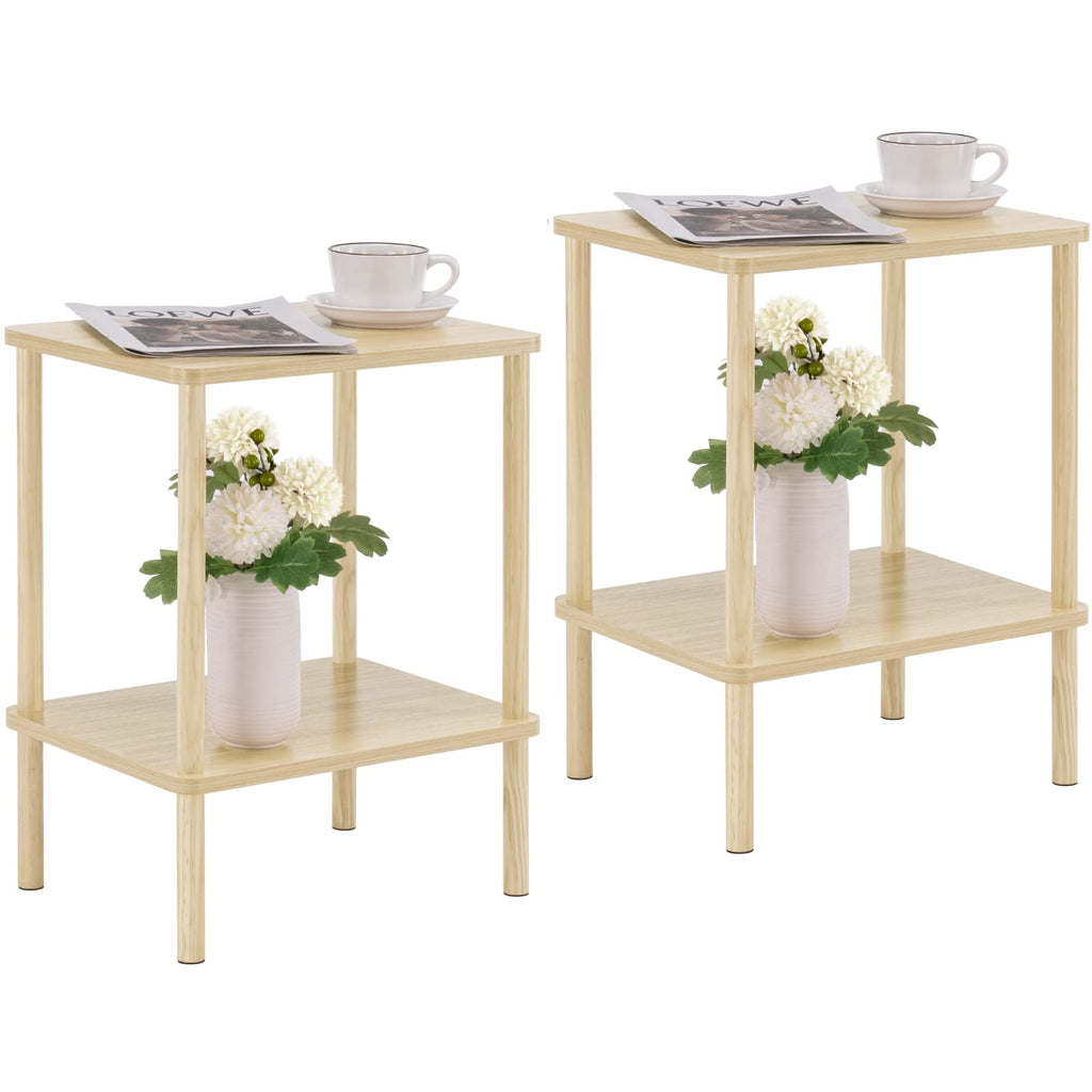 Apicizon 2 Tier End Table, Small Side Table with Solid Wood Legs, Boho Bedside Table with Storage Shelf, Nightstand for Small Spaces, Bedroom, Living Room, Entryway, Farmhouse, Easy Assembly, Natural