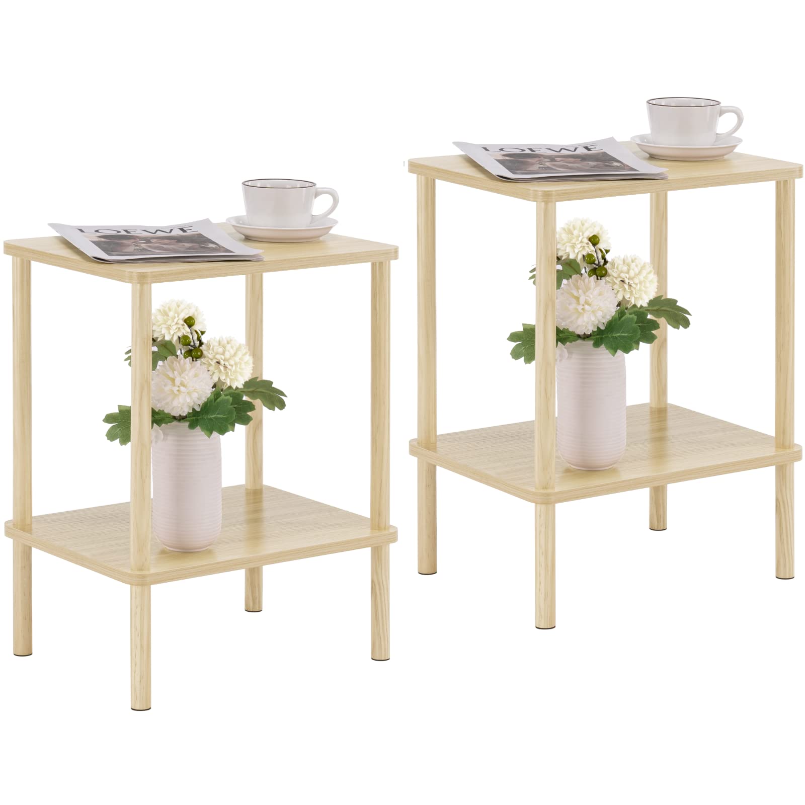 Apicizon 2 Tier End Table, Small Side Table with Solid Wood Legs, Boho Bedside Table with Storage Shelf, Nightstand for Small Spaces, Bedroom, Living Room, Entryway, Farmhouse, Easy Assembly, Natural