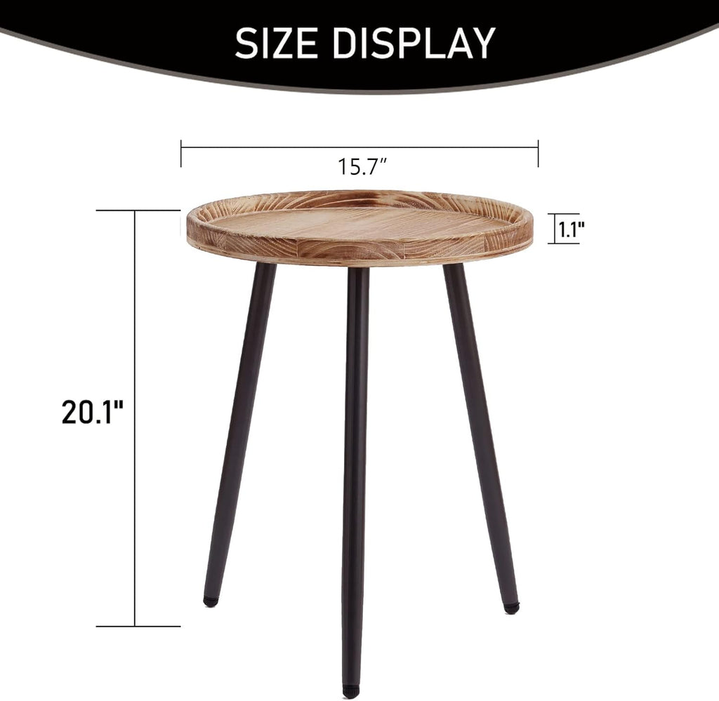 Tiita Round End Table Mental Side Table Nightstand/Small Wood Tables Accent Coffee Table with Wooden Tray for Living Room Bedroom Office Small Space