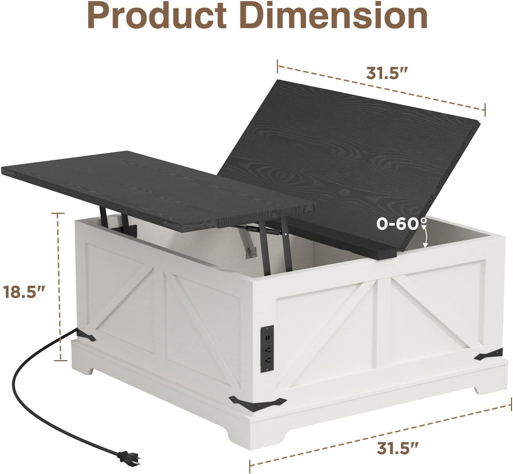 Coffee Table with Storage, 31.5" W Farmhouse Lift Top Wood Square Center Table with Charging Station, Rustic Cocktail Tables with Flip Top Lids for Living Room, Home Office, Rustic White