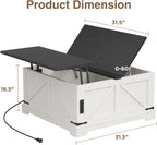 Coffee Table with Storage, 31.5" W Farmhouse Lift Top Wood Square Center Table with Charging Station, Rustic Cocktail Tables with Flip Top Lids for Living Room, Home Office, Rustic White