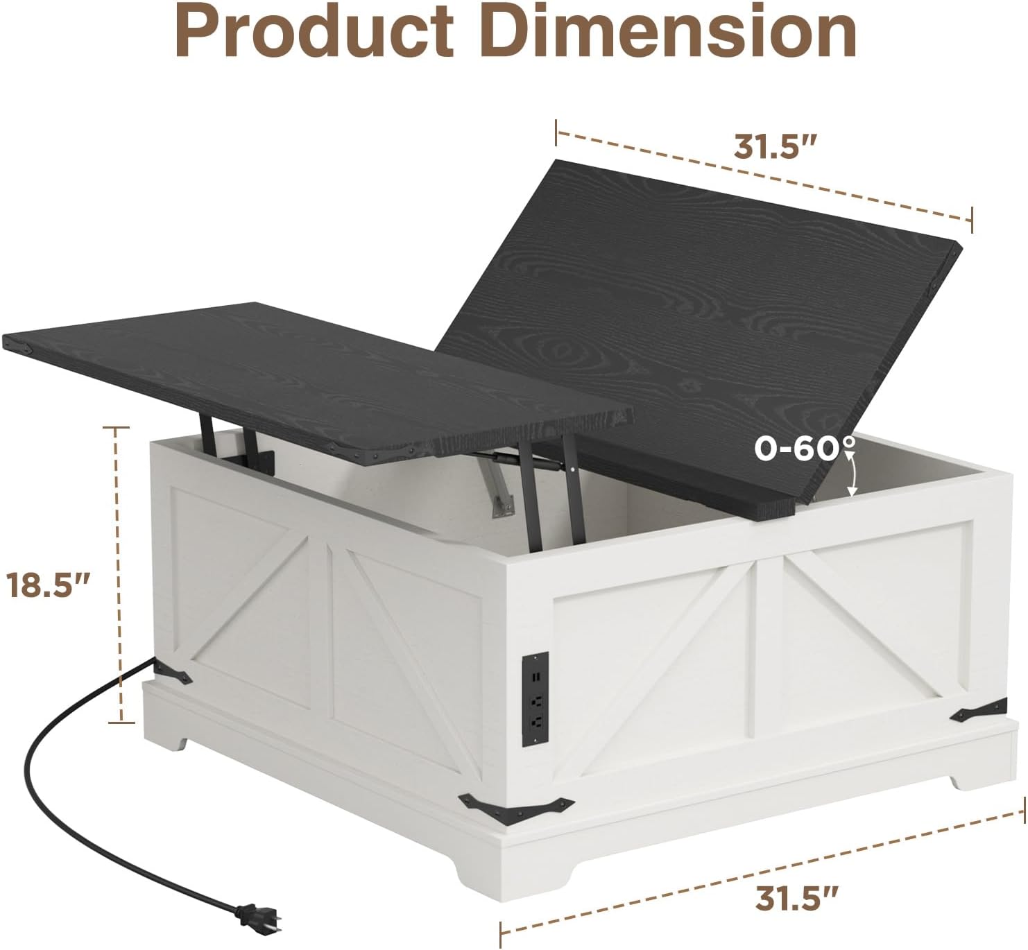 Coffee Table with Storage, 31.5" W Farmhouse Lift Top Wood Square Center Table with Charging Station, Rustic Cocktail Tables with Flip Top Lids for Living Room, Home Office, Rustic White