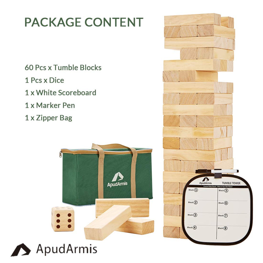 ApudArmis 60 PCS Giant Tumble Tower, (Stack up to 5Ft) Pine Wooden Stacking Timber Game with 1 Dice Set - Classic Block Giant Outdoor Game for Teens Adults Family