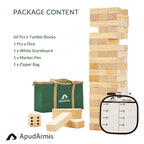 ApudArmis 60 PCS Giant Tumble Tower, (Stack up to 5Ft) Pine Wooden Stacking Timber Game with 1 Dice Set - Classic Block Giant Outdoor Game for Teens Adults Family
