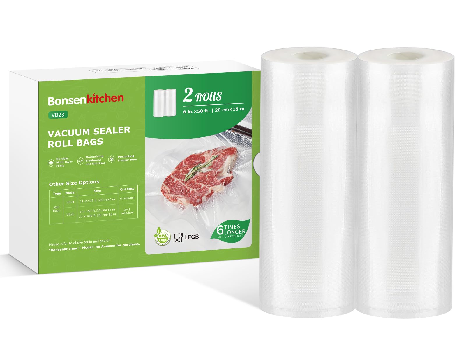 Bonsenkitchen Vacuum Sealer Rolls Bags, 6 Pack 3 Rolls 11" x 20' + 3 Rolls 8" x 20' Commercial Grade BPA Free Bag Rolls, Durable Customized Size Food Vac Bags for Storage and Sous Vide Cooking VB3211