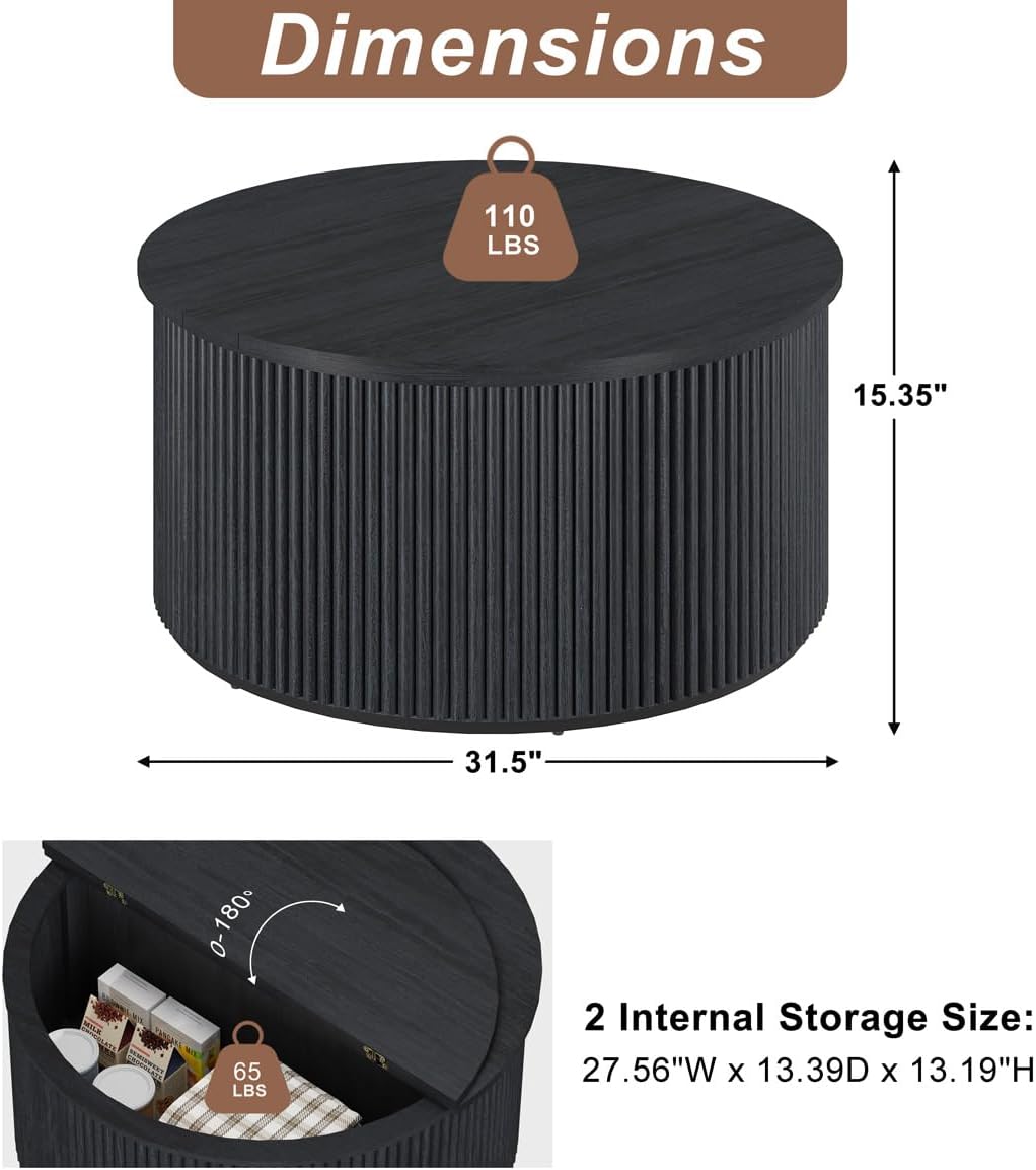 FATORRI Round Coffee Table with Storage, 31.5 Inch Modern Fluted Center Table, Woodern Accent Coffee Tables for Living Room, Black