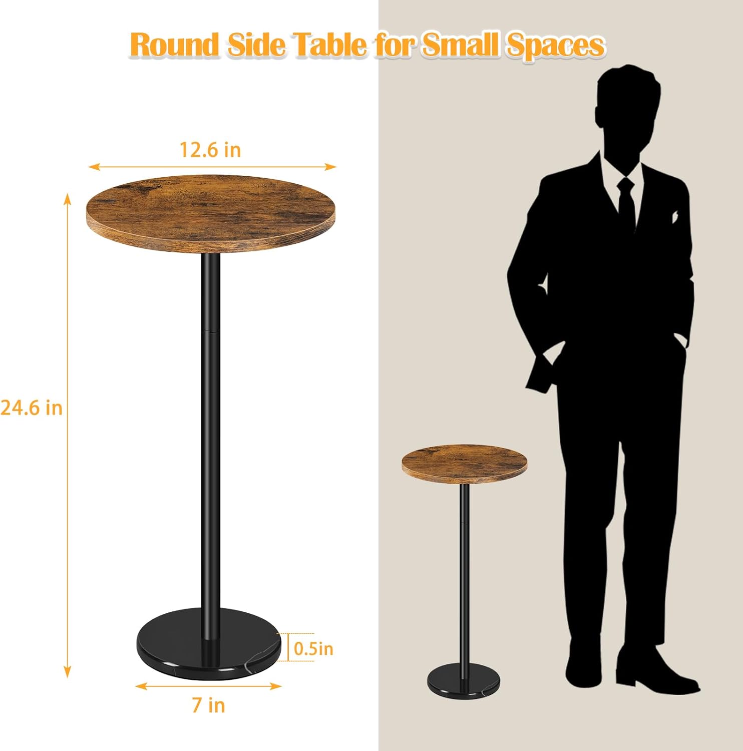 Round Side Table Set of 2 Small Drink Pedestal Accent End Coffee Cocktail Table with Marble Base for Small Spaces Living Room Sofa Outdoor Brown and Black