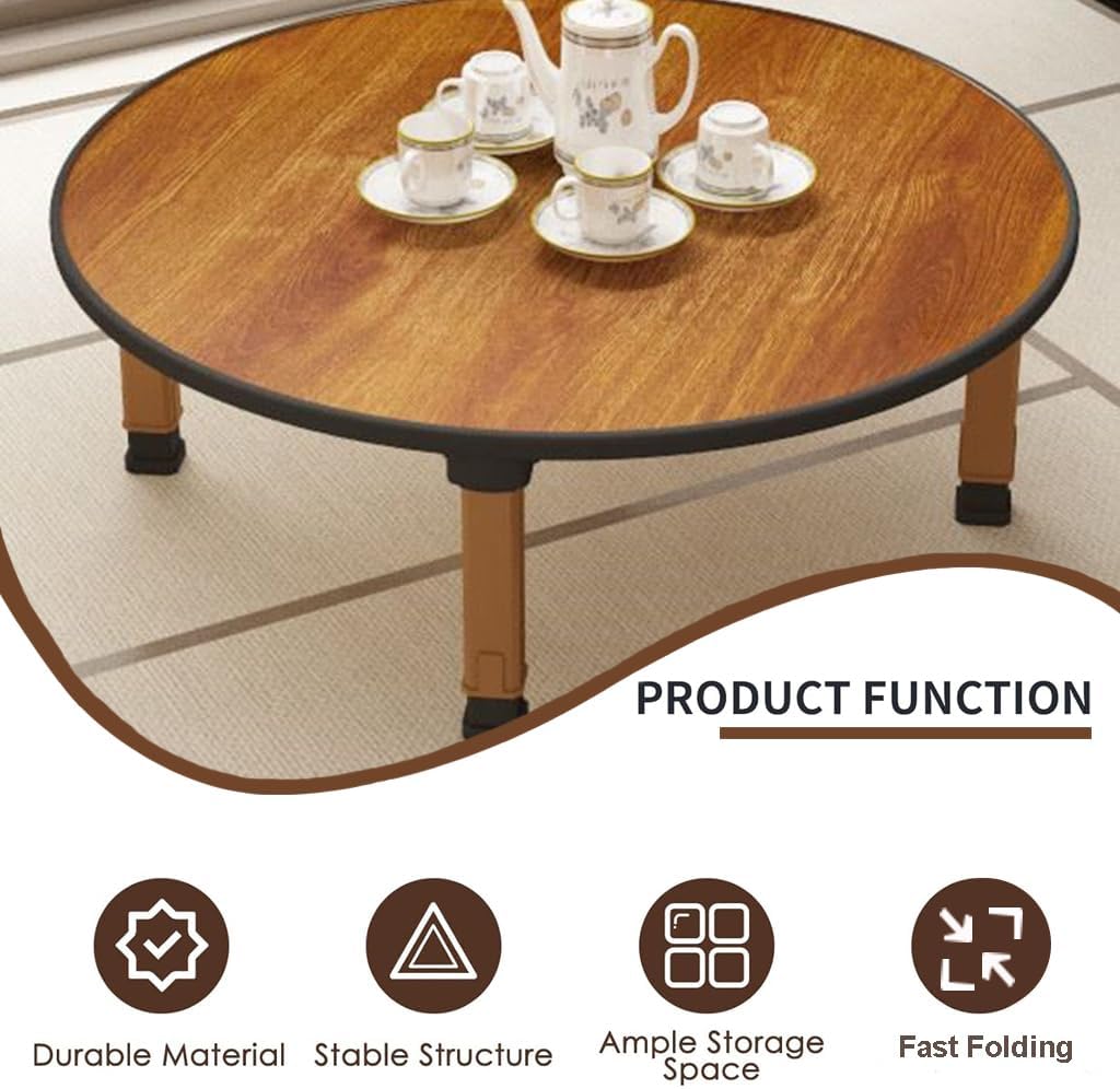 Japanese Foldable Coffee Table, Portable Low Tea Table Wooden Folding Dining Study Breakfast Serving Table Collapsable Small Desk Tatami Sitting On The Floor Table (23.6 * 11.8in, Round)
