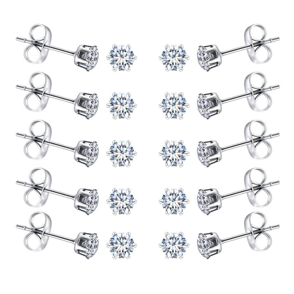 6-10 Pairs Tiny Women's Stainless Steel Round Clear Cubic Zirconia Stud Earrings, Hypoallergenic Surgical Steel Earrings Set, 2mm 3mm 4mm CZ,