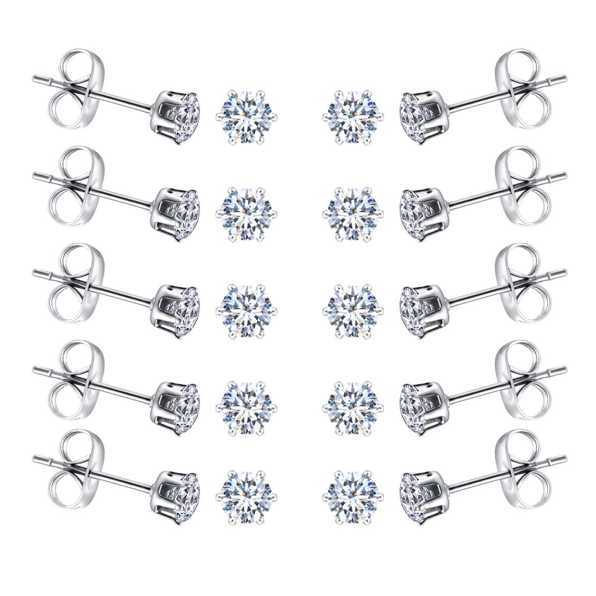 6-10 Pairs Tiny Women's Stainless Steel Round Clear Cubic Zirconia Stud Earrings, Hypoallergenic Surgical Steel Earrings Set, 2mm 3mm 4mm CZ,