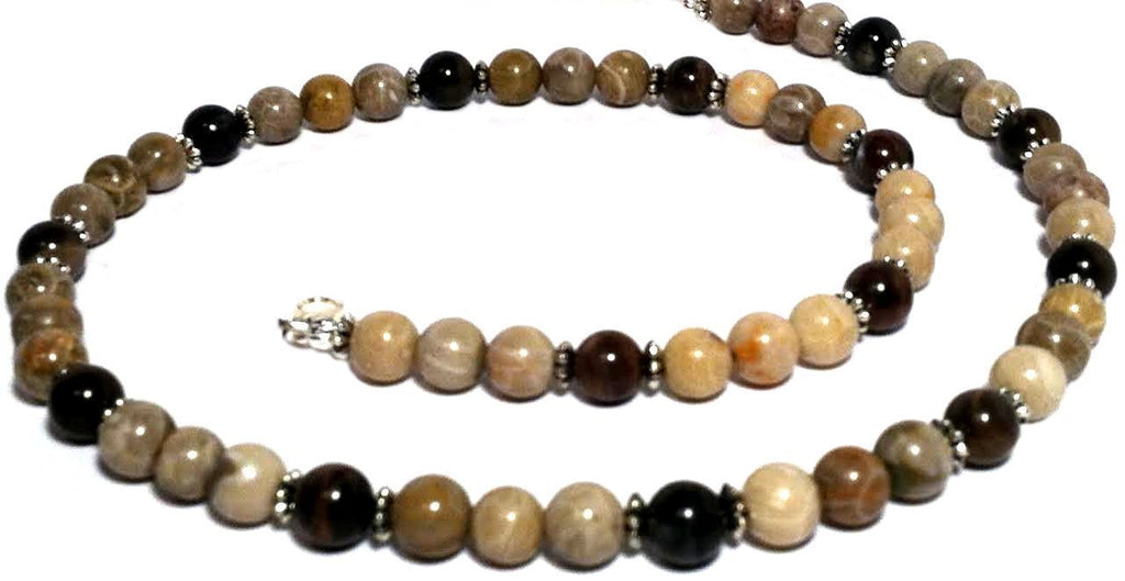Brown coral necklace. Petoskey stone, agatized coral, fossil coral, petrified wood. Natural gemstone bead necklace. Handcrafted in Washington State.