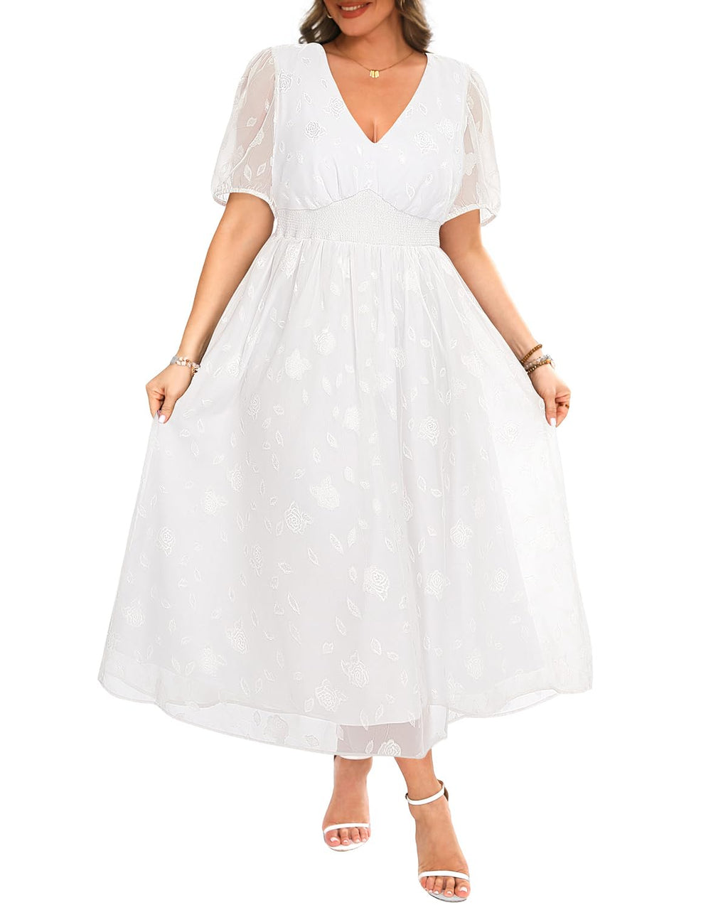 Women Plus Size White Dress Maxi Bridal Shower Summer Chiffon Easter Temple Short Puff Sleeve Long Elegant Aline Dress