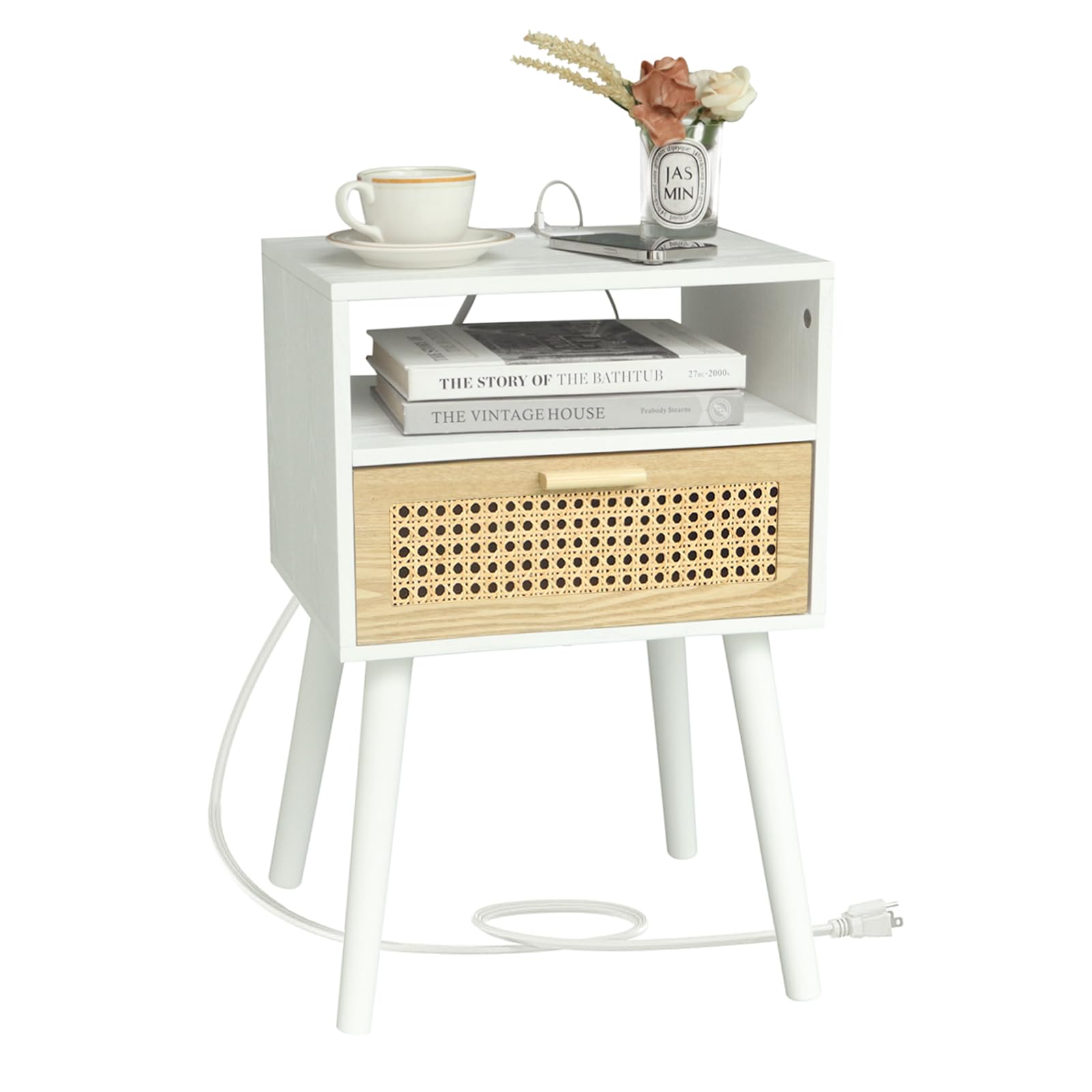 MaxSmeo End Table with Storage Mid Century Nightstand with Rattan Drawer and Shelf, Wood Small Side Coffee Table for Small Space, Living Room and Bedroom, Easy Assembly (Black)