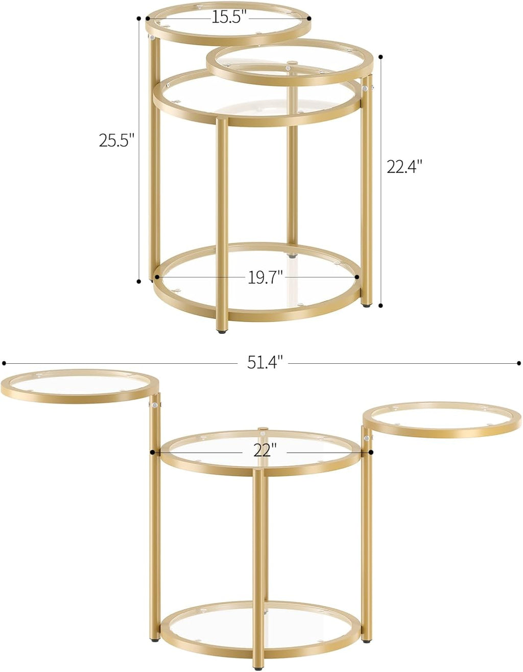 Round Glass Coffee Table - 4 Tier Coffee Tables for Living Room with Rotating Top, Circle Coffee Table with Storage, Modern Clear Center Table with Metal Frame for Small Space, Office, Gold