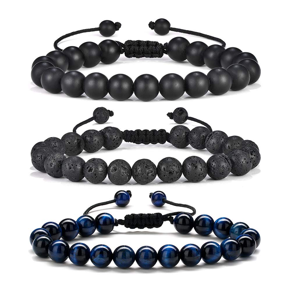 M MOOHAM Natural Stone Bracelets for Men - 8mm Tiger Eye, Matte Agate, Lava Rock - Teen Boys Gifts for Birthday, Anniversary, Christmas