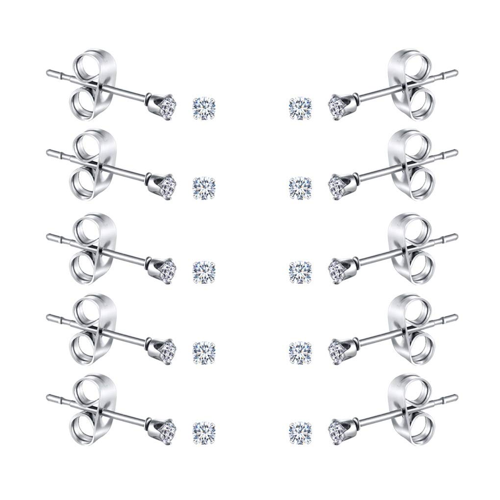 6-10 Pairs Tiny Women's Stainless Steel Round Clear Cubic Zirconia Stud Earrings, Hypoallergenic Surgical Steel Earrings Set, 2mm 3mm 4mm CZ,