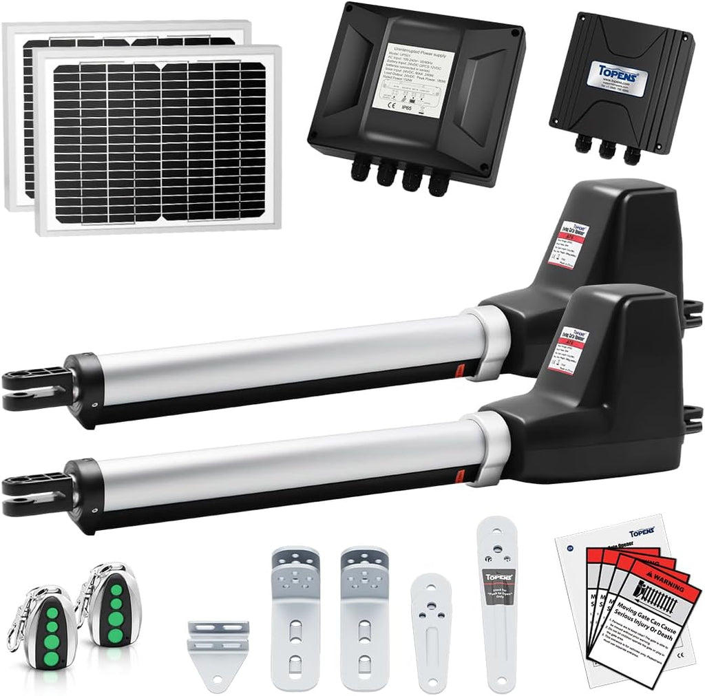 TOPENS AT6132S Solar Dual Swing Gate Opener Medium Duty Automatic Gate Motor for Double Swing Gates Up to 18ft per Arm, Electric Driveway Gate Operator AC Powered with Solar Panel Remote Control Kit