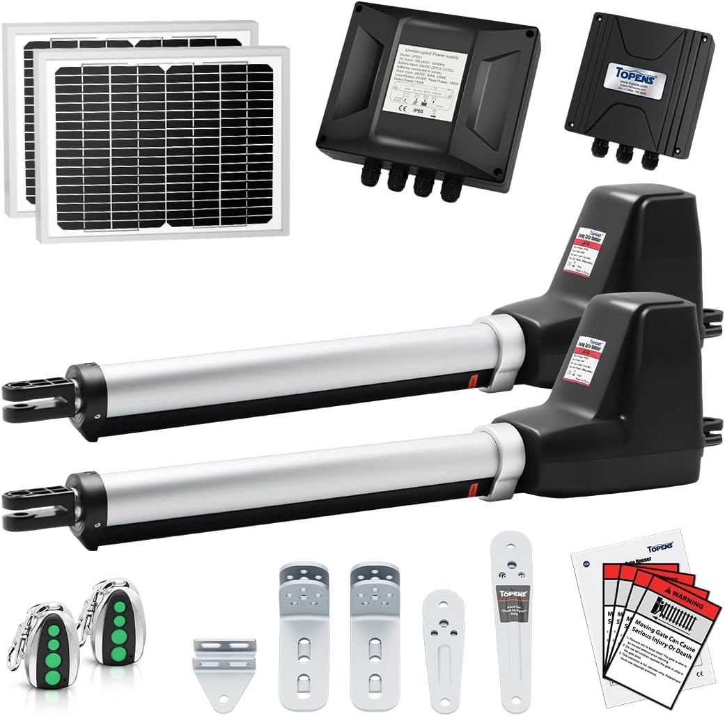 TOPENS AT6132S Solar Dual Swing Gate Opener Medium Duty Automatic Gate Motor for Double Swing Gates Up to 18ft per Arm, Electric Driveway Gate Operator AC Powered with Solar Panel Remote Control Kit