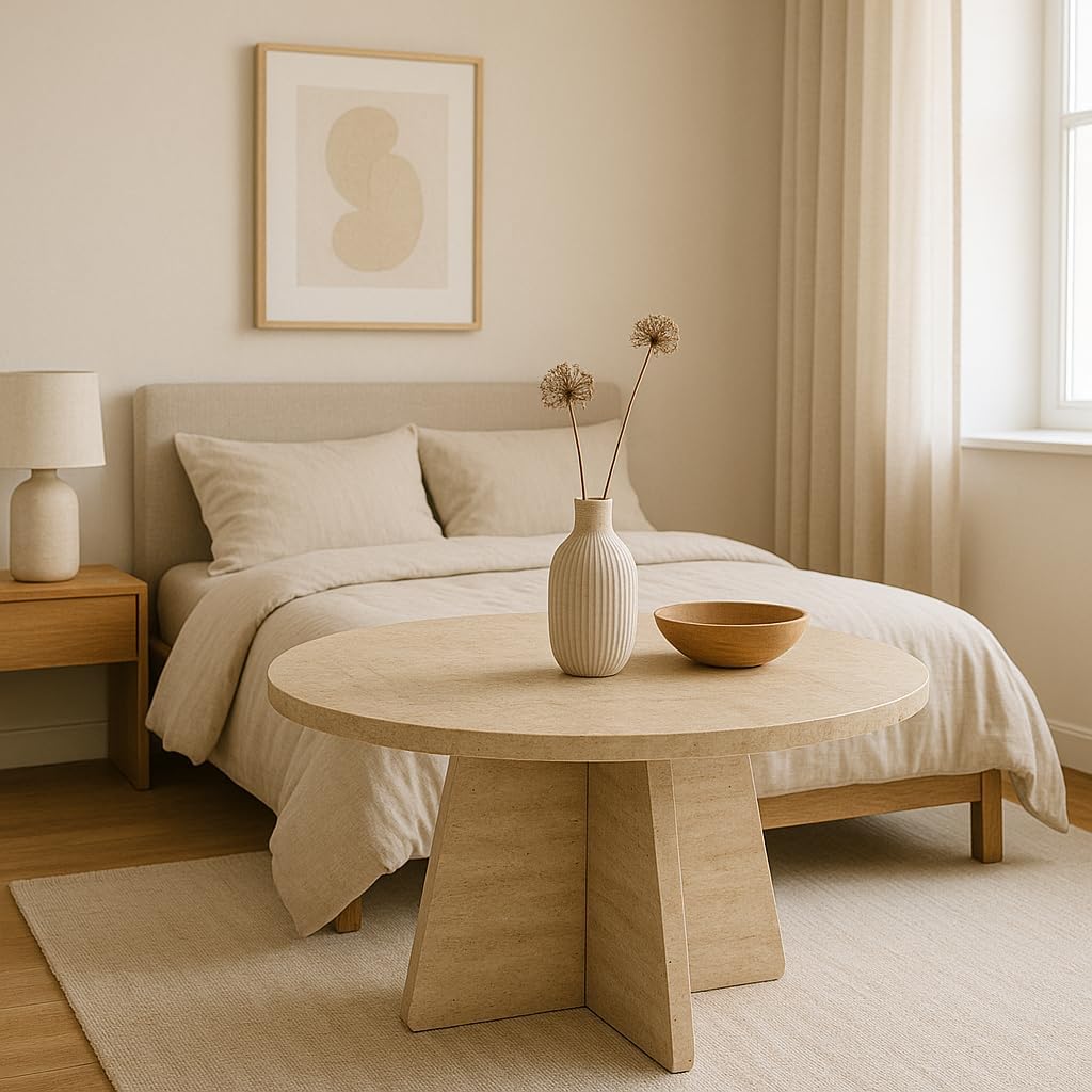 Travertine Efect Coffee Table Modern Side Table for Living Room Accent Table for Sofa or Bedroom (28.3x28.3x16.5 inches)