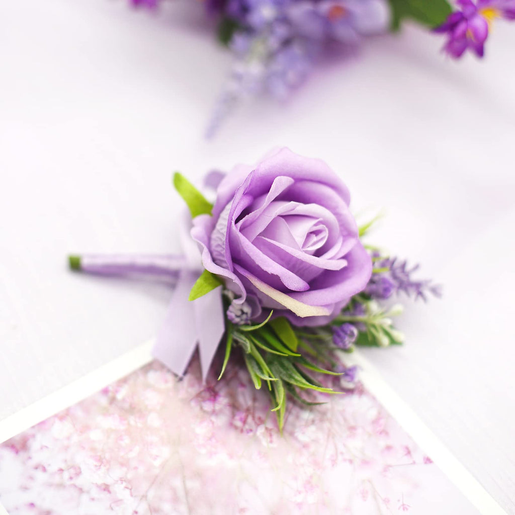 Floinla Purple Corsage and Boutonniere Set for Wedding Prom, Artificial Flower Wrist Corsage Bracelets, Homecoming Corsage Wristlet, Boutonniere for Men Wedding Suit Decorations