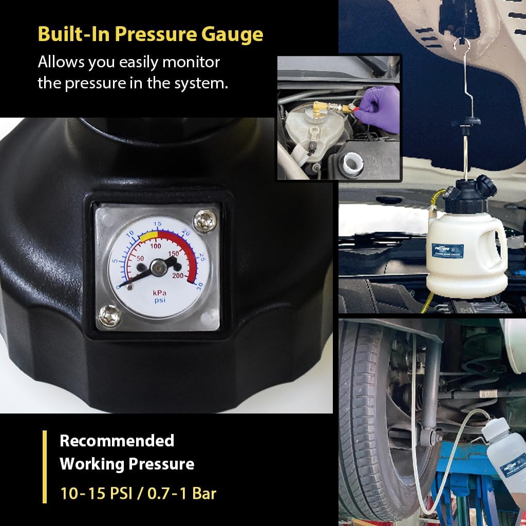 FIRSTINFO A1163HK3 3L Manual Pressure Brake Fluid Bleeder Kit w/ 11 Pcs Metal Master Cylinder Reservoir Adapters + Fluid Receiver Bottle, Extractor Pump, 3 Types of Couplers