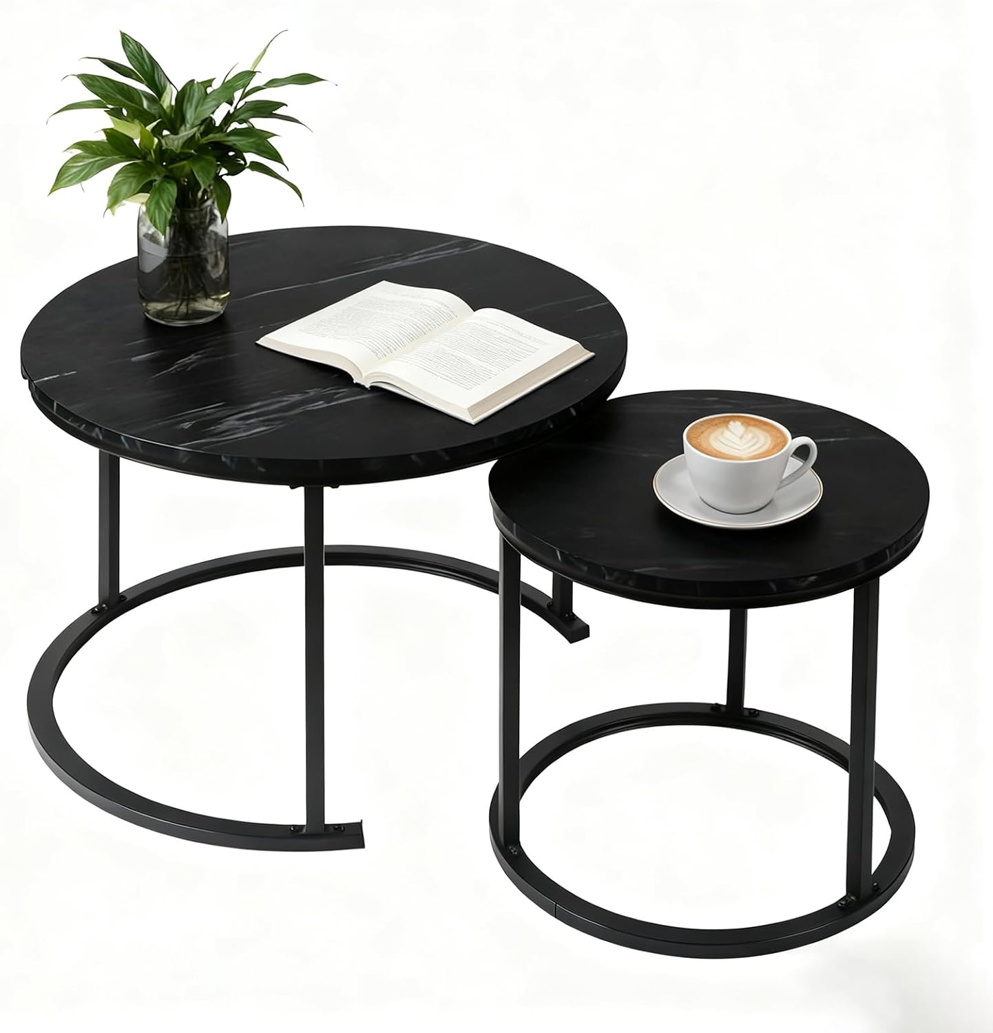 EUROSAKURA Nesting Round Small Coffee Table Place 2 Sets for Living Room Bedroom Apartment Small Rounder Coffee Table Sturdy Stacking Side Tables,Easy Assembly(Black)