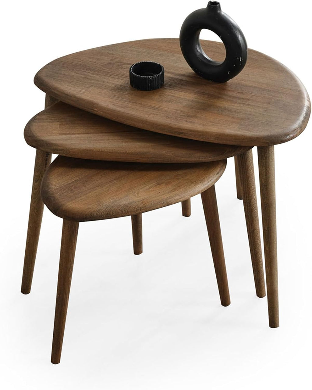 Solid Wood Nesting Coffee Table Set of 3 - Mid Century Modern Pebble Tables with Tapered Legs – Wooden Home Furniture in a Retro Style (Walnut)