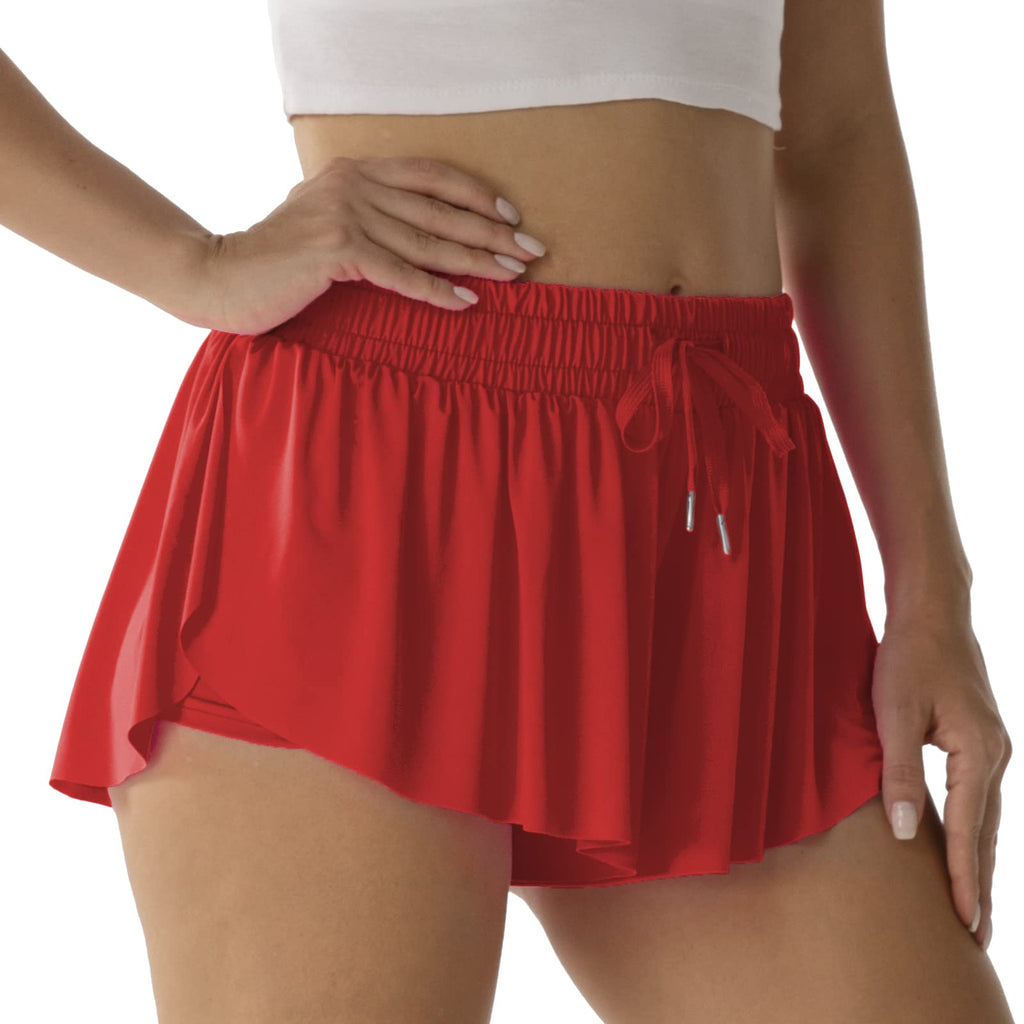 Fließende Sportshorts für Frauen Laufen Tennis Schmetterlingsshorts Mädchen 2-in-1 Doppelter Lagen Schnell trocknende Bequeme Shorts (Rot, XX-Klein)