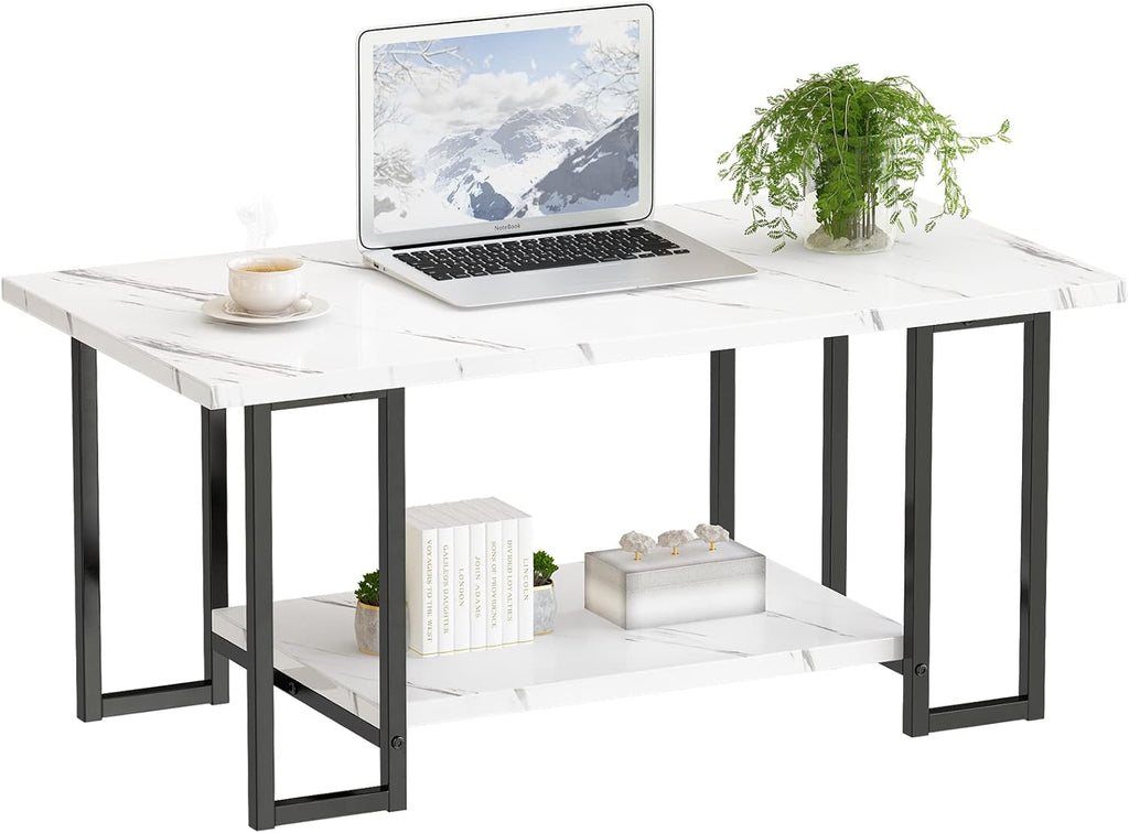 AWQM Marble Coffee Table, Faux Marble Top Rectangular Coffee Table with Black Metal Frame, 2 Tier Living Room Table for Living Room, Office, Balcony, White, 40 Inch