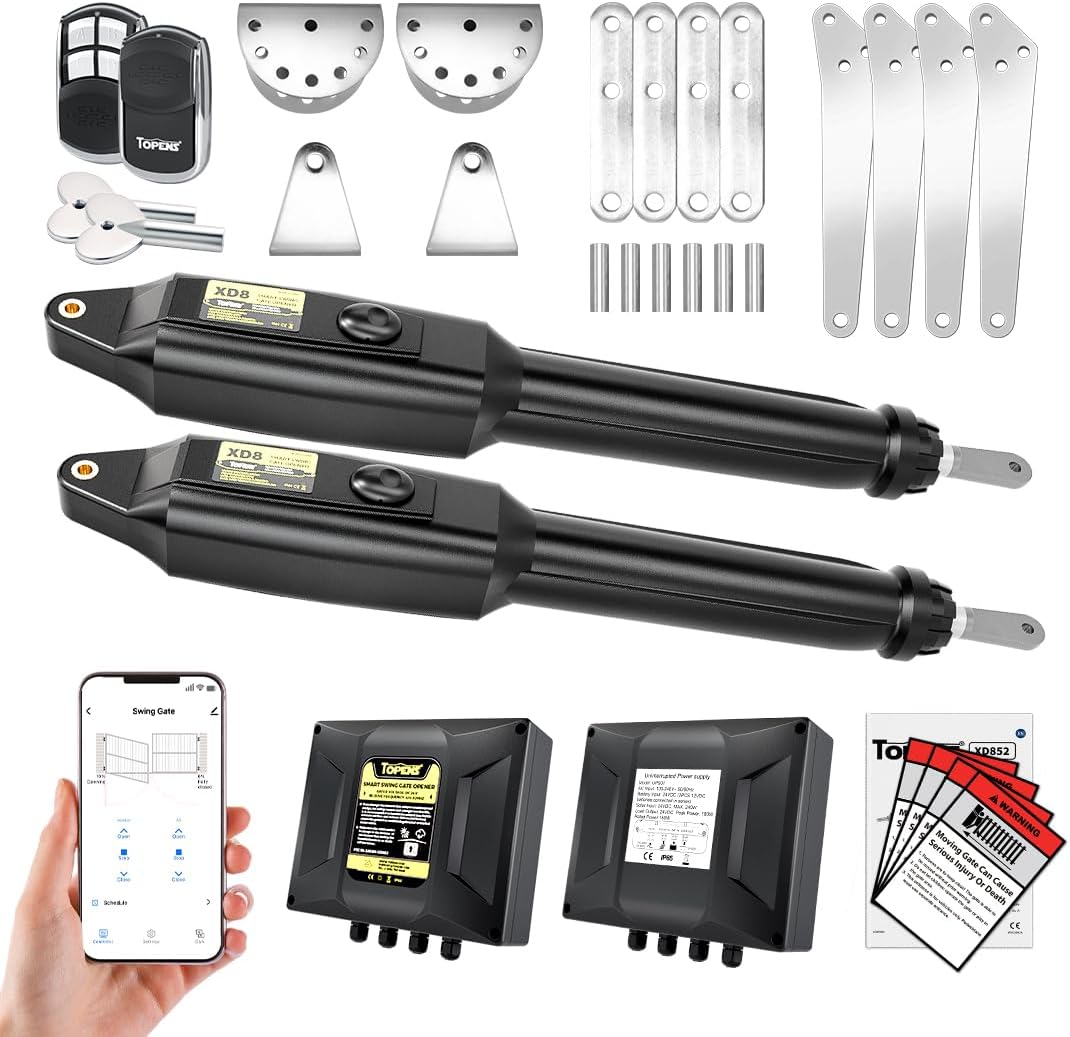TOPENS XD852 Smart Gate Opener for Heavy Duty Dual Swing Gates Up to 18ft per Arm, Automatic Gate Opener with App Control AC Powered Remote Control Kit Solar Compatible