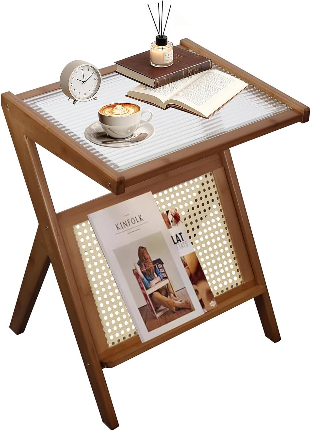 Stand Side Table Plastic Rattan Bedside Tables Glass Coffee Tables Wood Boho End Table with Storage Compact Accent Table for Small Spaces, Perfect for Living Room, Bedroom and Apartment (Brown)