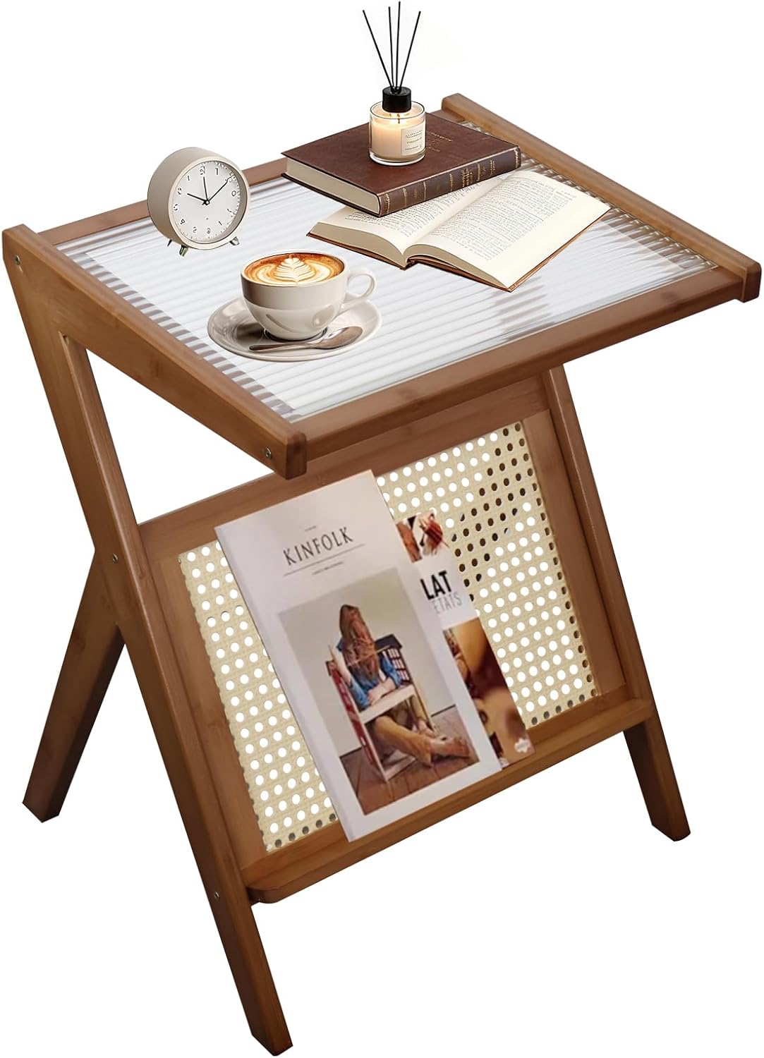 Stand Side Table Plastic Rattan Bedside Tables Glass Coffee Tables Wood Boho End Table with Storage Compact Accent Table for Small Spaces, Perfect for Living Room, Bedroom and Apartment (Brown)