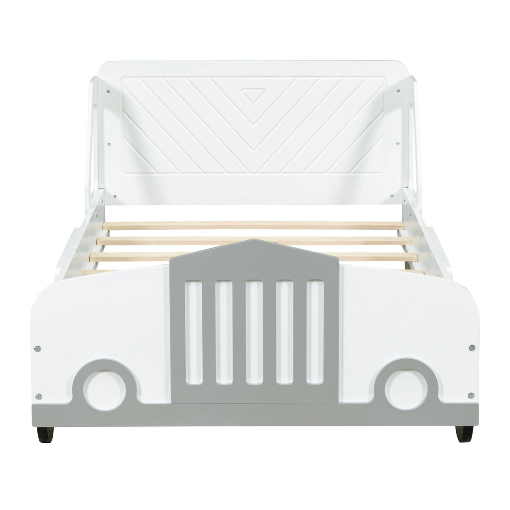 Linique Twin Bil Seng, Træ Twin Størrelse Bilformet Platform Seng Ramme med Hjul, Hvid