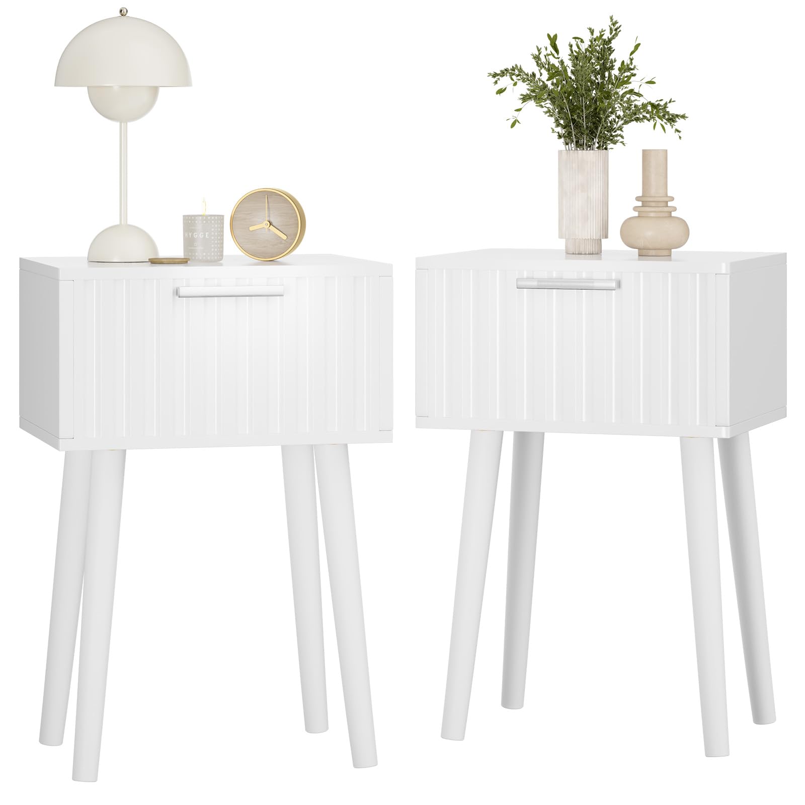 YMYNY Fluted Nightstand Set of 2, Small End Table, Modern Coffee Table with Drawer, Solid Wood Legs, Retaining Chain, 13.8" x 10.6" x 20.9", for Bedroom and Small Spaces, Black UHST014B-2