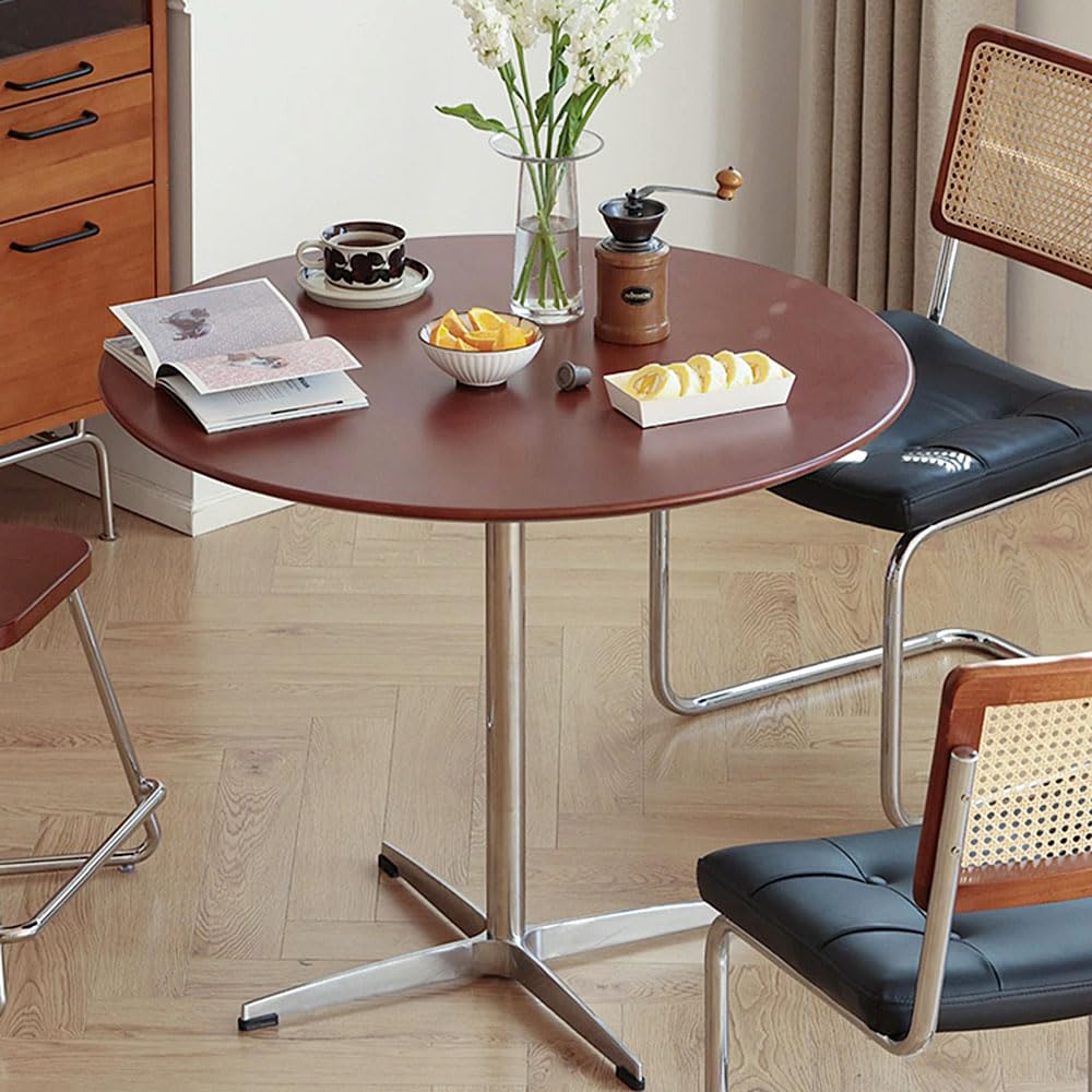 Dark Brown Round Solid Wood Dining Table Dining Furniture with Metal Crossed Base, 27.6" W Mid Century Modern Small Table Round for Office Small Coffee Table for 2-4