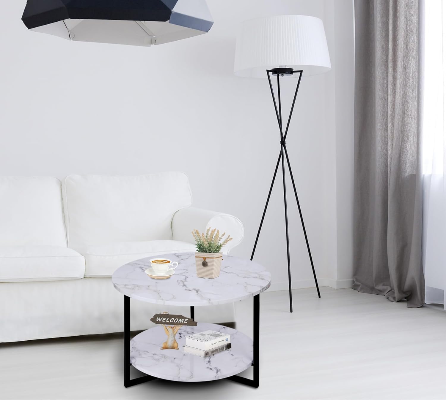 Modern Coffee Table,Faux Marble Tables,Small Round Coffee Tables with Shelf, Marble Coffee Table,Circle Center Table Low Coffee & Tea Table for Living Room Modern