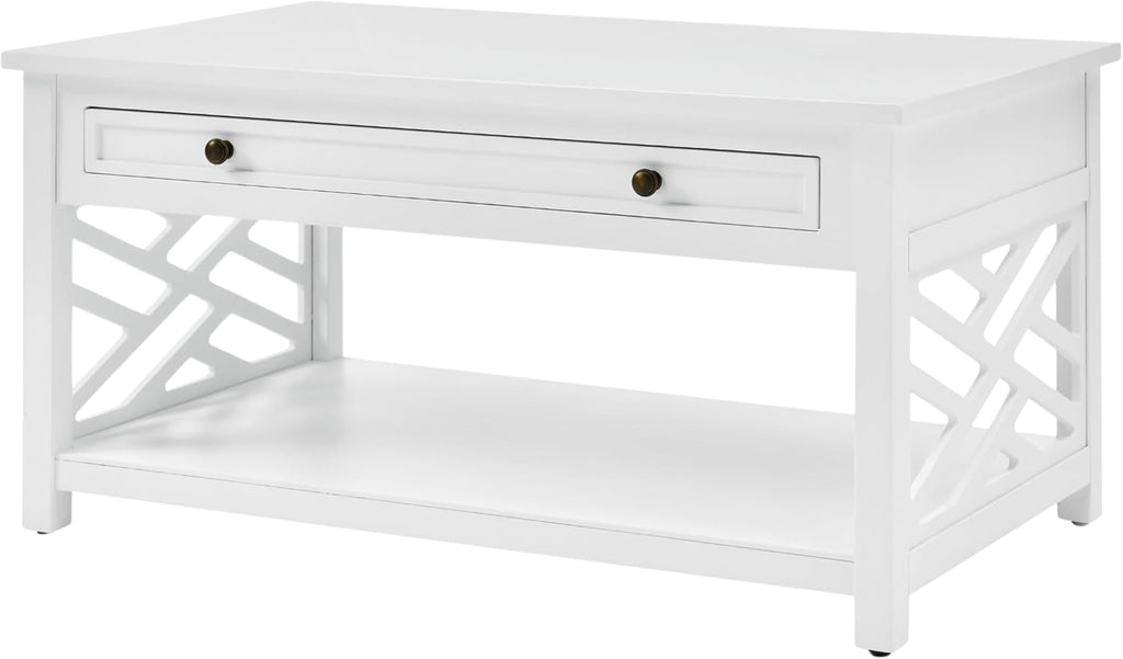 Coventry 36-Inch White Wood Coffee Table with Drawer & Open Shelf – Modern Accent Furniture for Living Room Storage & Décor by Alaterre Furniture