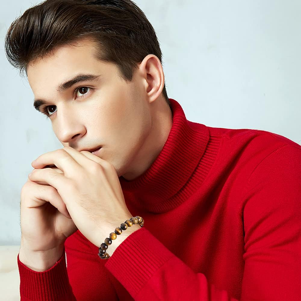 SONNYX 10PCS Tiger Eye Bracelet For Men 8MM Natural Stone Beads Bracelet Set Stretch Lava Rock Bracelets Adjustable Black Crystal Beaded Bracelet for Men Women