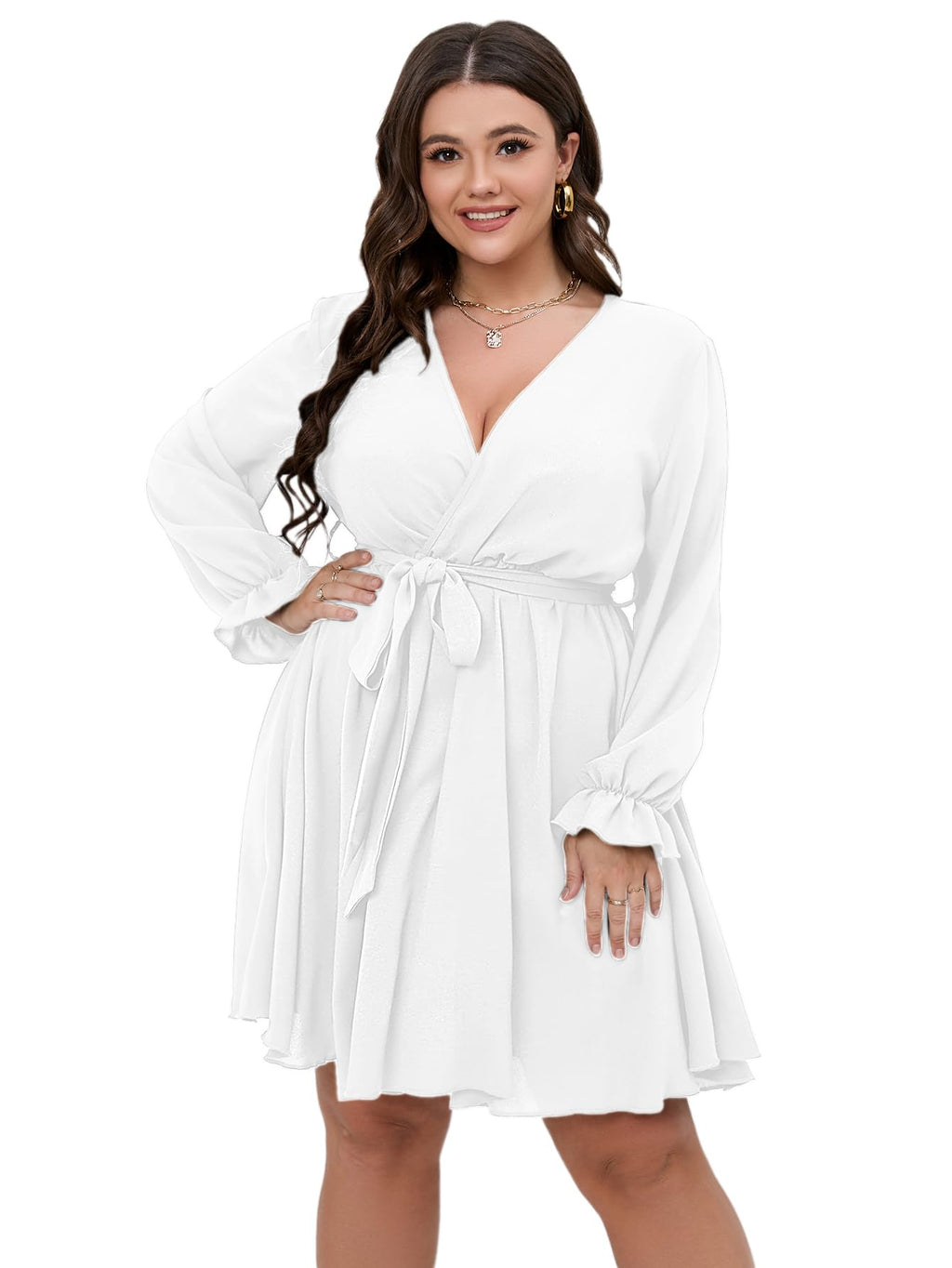 SCOMCHIC Women's Plus Size Long Sleeve Wrap V Neck Tie Waist A Line Mini Dress White