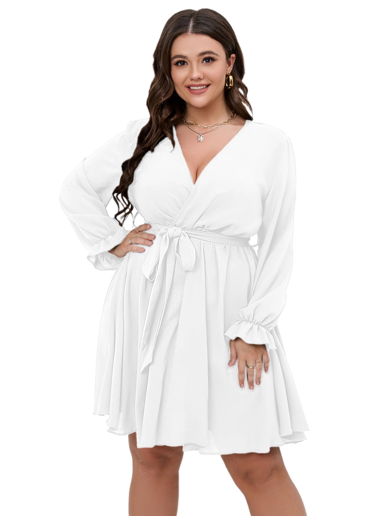 SCOMCHIC Women's Plus Size Long Sleeve Wrap V Neck Tie Waist A Line Mini Dress White