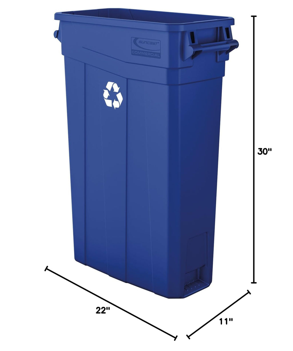 Suncast Commercial Slim 23 Gallon Polypropylene Recycling Bin with Universal Recycle Logo, Durable Waste Container for Tight Spaces, Blue, Made in the USA