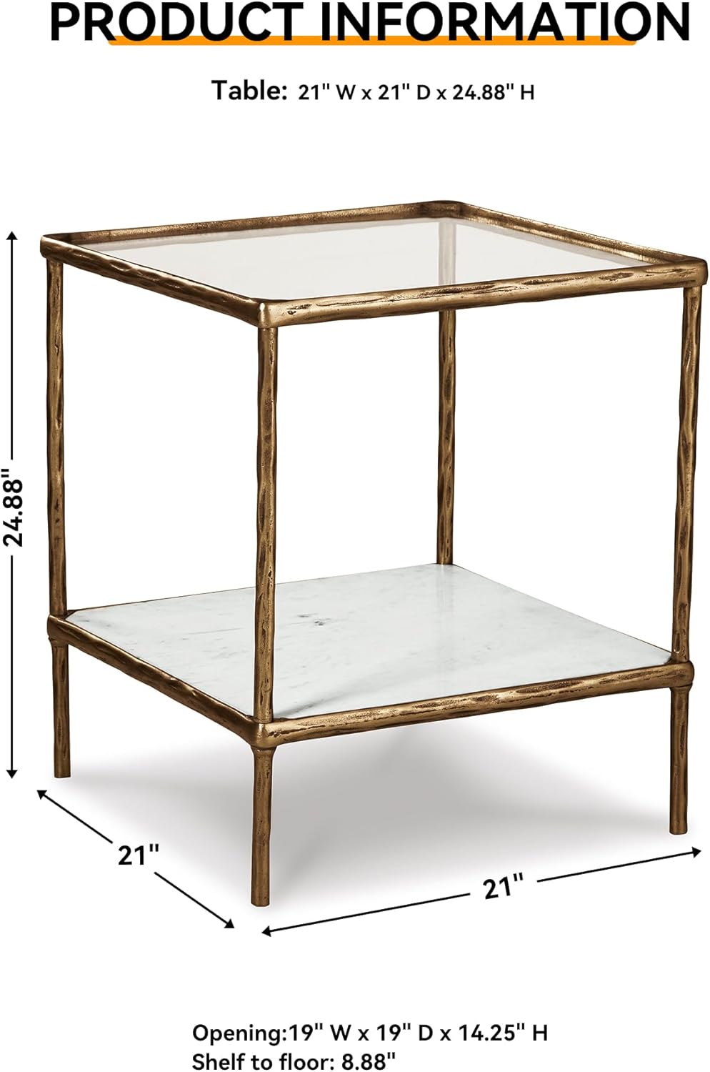 Signature Design by Ashley Ryandale | Contemporary Accent Table – Glass Top, Aluminum Frame & Marble Shelf, Antique Brass Finish