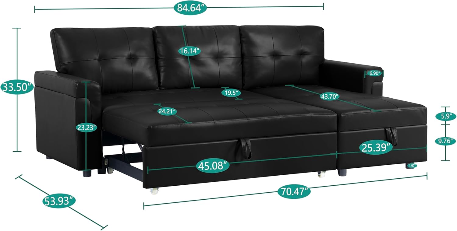Naomi Home Jenny Sectional Sofa Sleeper with Storage Chaise, Tufted Pull Out Couch with Storage, Sectional Bed, L-Shaped Reversible Sleeper Sofa, Black,Air Leather