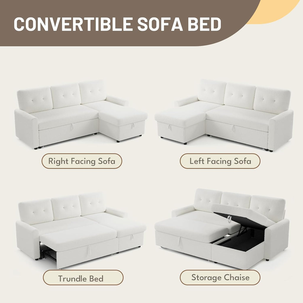 IULULU Sleeper Sofa, L Shaped Boucle Sectional Couch with Pullout Bed, Reversible Storage Chaise, 2 in 1 Pull Out Couches for Living Room, Apartment, Off White